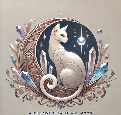 KAORI のロゴ「Alchemist of Earth and Moon」（月と猫とクリスタル）